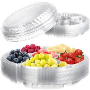 Lawei 30 Pack 12.5 Inch Plastic Appetizer Tray with Lid, 6 Sectional Round Plastic Serving Tray, PET Food Serving Dip Platter, Disposable Fruit Vegetable Trays Storage Containers for Party Buffet