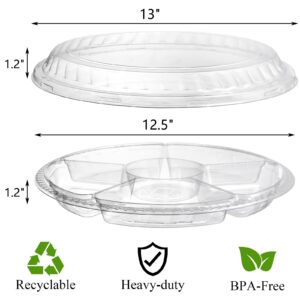 Lawei 30 Pack 12.5 Inch Plastic Appetizer Tray with Lid, 6 Sectional Round Plastic Serving Tray, PET Food Serving Dip Platter, Disposable Fruit Vegetable Trays Storage Containers for Party Buffet