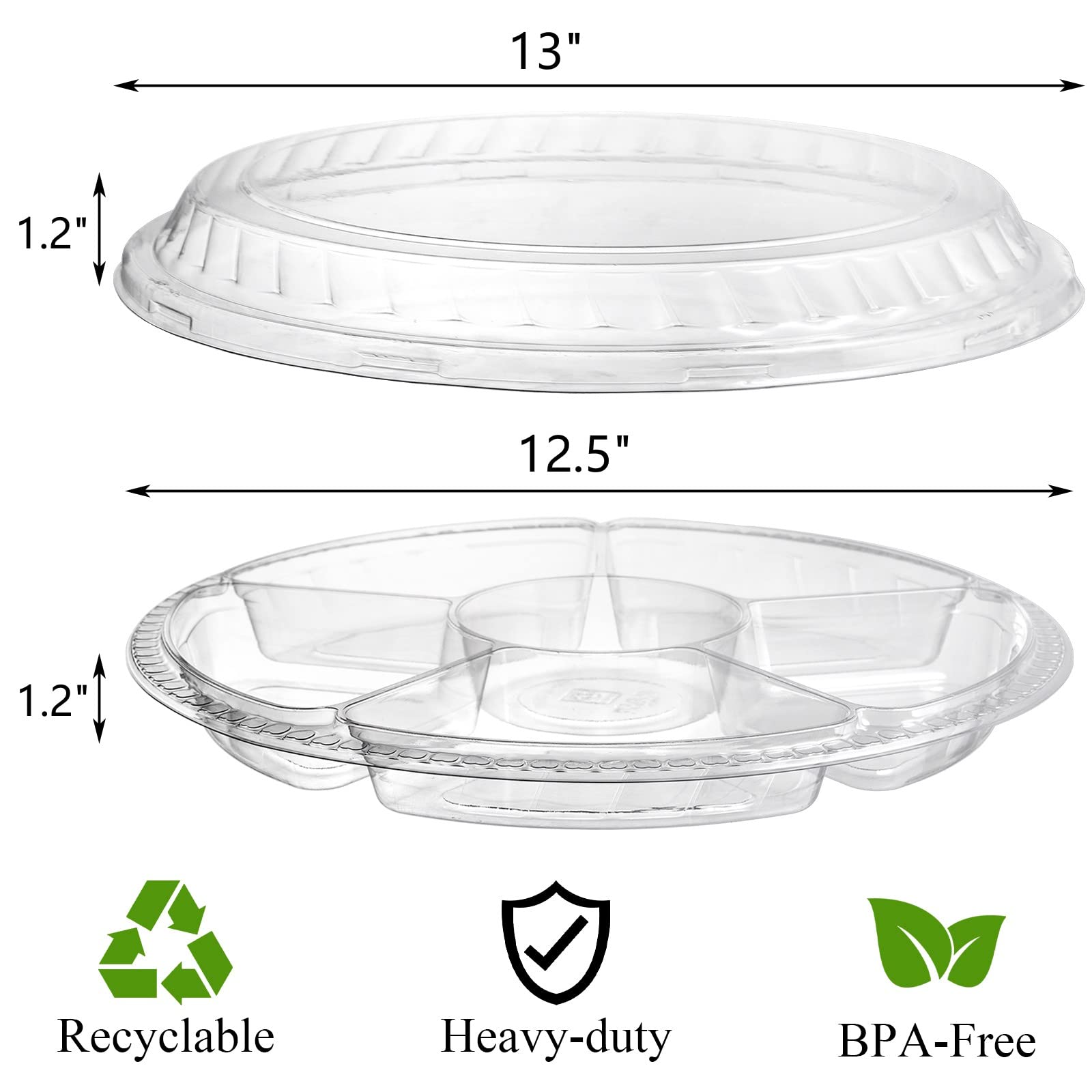 Lawei 30 Pack 12.5 Inch Plastic Appetizer Tray with Lid, 6 Sectional Round Plastic Serving Tray, PET Food Serving Dip Platter, Disposable Fruit Vegetable Trays Storage Containers for Party Buffet