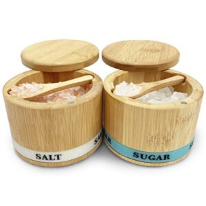 thougrlyh salt sugar container sets 2 bamboo salt and sugar bowls with lid and spoon spices cellar magnetic swivel lid kitchen salt box holder sugar jar 13oz capacity