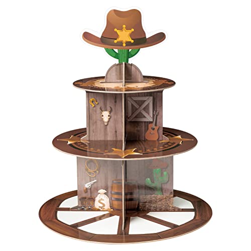 Haooryx Western Cowboy Party Decoration Cupcake Stand, 3 Tier Wild West Wooden House Barn Door Cupcake Tower Cardboard Dessert Holder for Western Cowboy Theme Birthday Party Baby Shower Table Supplies