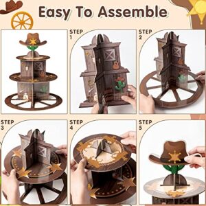 Haooryx Western Cowboy Party Decoration Cupcake Stand, 3 Tier Wild West Wooden House Barn Door Cupcake Tower Cardboard Dessert Holder for Western Cowboy Theme Birthday Party Baby Shower Table Supplies