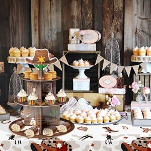 Haooryx Western Cowboy Party Decoration Cupcake Stand, 3 Tier Wild West Wooden House Barn Door Cupcake Tower Cardboard Dessert Holder for Western Cowboy Theme Birthday Party Baby Shower Table Supplies