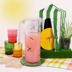 Kate Spade New York Nesting Pitcher Set with Water Pitcher and 4 Reusable Cups, 57oz Plastic Pitcher with Lid, 8oz Tumbler Cups, Dragonfly Flight