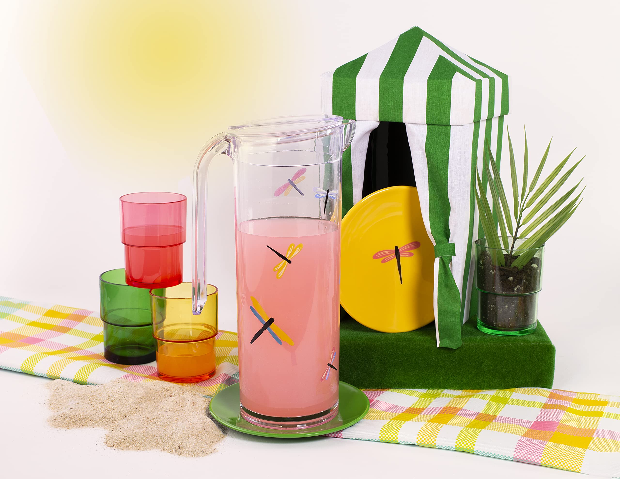 Kate Spade New York Nesting Pitcher Set with Water Pitcher and 4 Reusable Cups, 57oz Plastic Pitcher with Lid, 8oz Tumbler Cups, Dragonfly Flight