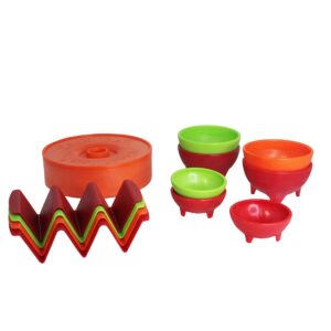 imusa 12 piece taco fiesta set, kit includes (1) 8" tortilla warmer, (3) small salsa dishes, (4) large salsa dishes (4) taco holder stands
