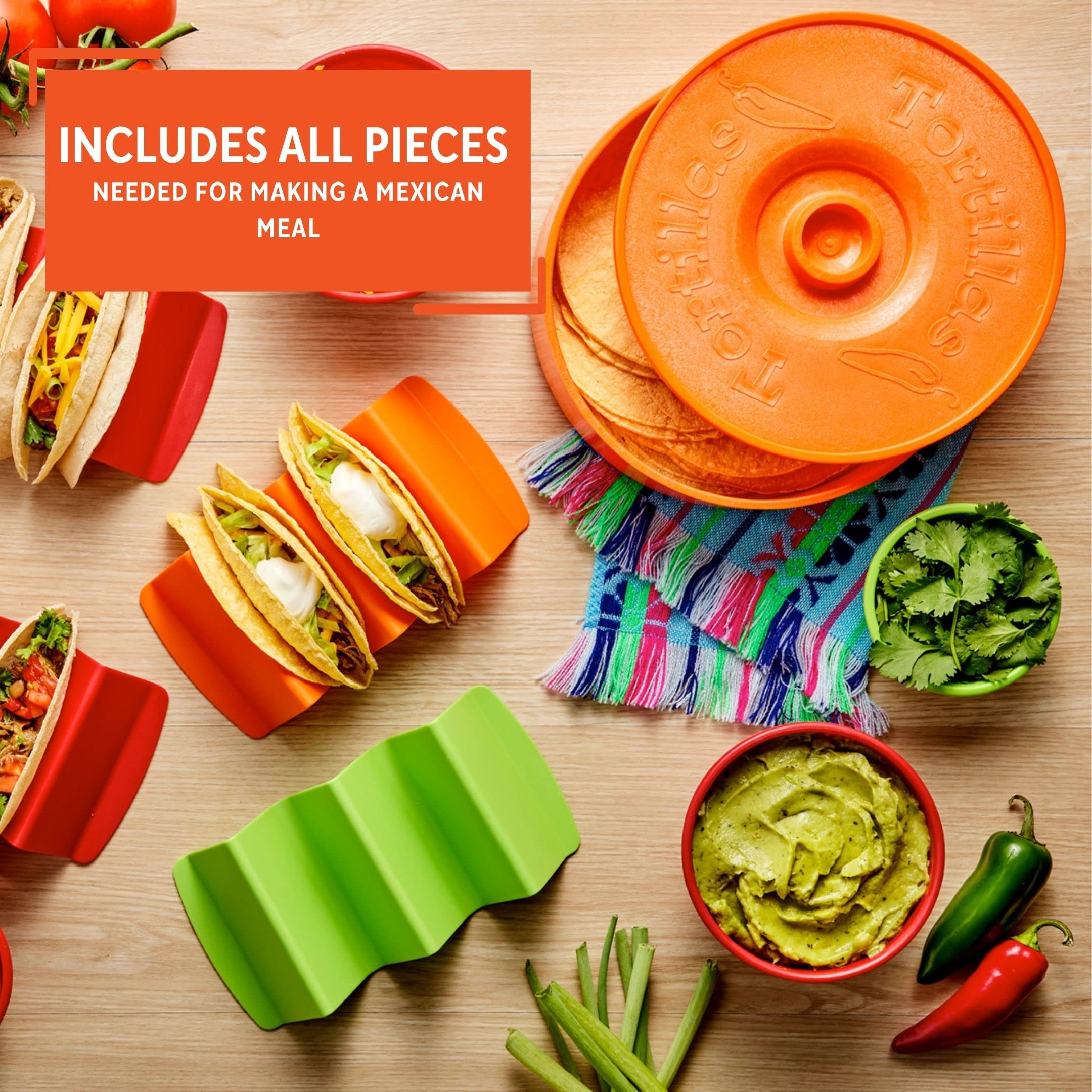 IMUSA 12 Piece Taco Fiesta Set, Kit Includes (1) 8" Tortilla Warmer, (3) Small Salsa Dishes, (4) Large Salsa Dishes (4) Taco Holder Stands