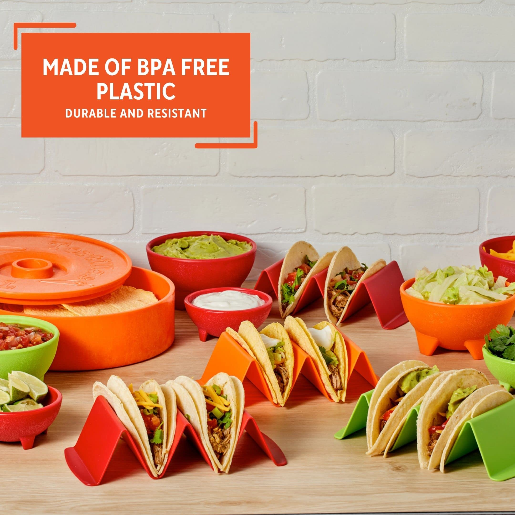 IMUSA 12 Piece Taco Fiesta Set, Kit Includes (1) 8" Tortilla Warmer, (3) Small Salsa Dishes, (4) Large Salsa Dishes (4) Taco Holder Stands