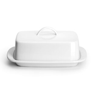 Sweese Large Butter Dish with Lid for Countertop, Porcelain 8oz Butter Keeper with Handle Cover Design, 7.7 Inch Butter Container Perfect for East/West Coast Butter, White