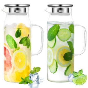 2 pcs glass pitcher water pitcher with lid hot cold water pitcher bedside water carafe with handle heat resistant borosilicate glass jug for fridge beverage carafe (54 oz,stainless steel)