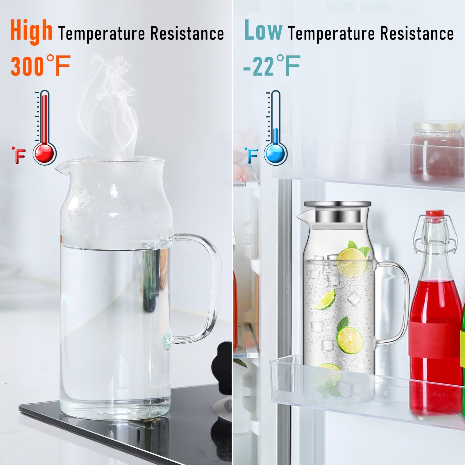 2 Pcs Glass Pitcher Water Pitcher with Lid Hot Cold Water Pitcher Bedside Water Carafe with Handle Heat Resistant Borosilicate Glass Jug for Fridge Beverage Carafe (54 oz,Stainless Steel)