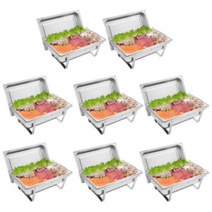 rovsun 8 qt 8 pack full size stainless steel chafing dishes buffet set, nsf silver rectangular catering chafer warmer set with trays pan lid folding frame stand for kitchen party banquet dining