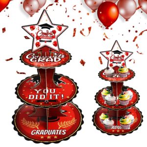 hying graduation cupcake stands 2024 for dessert table party, 3 tire round cardboard dessert stand 2024 red for graduation party favors supplies 2024 cupcake tower display congrats grad 2024