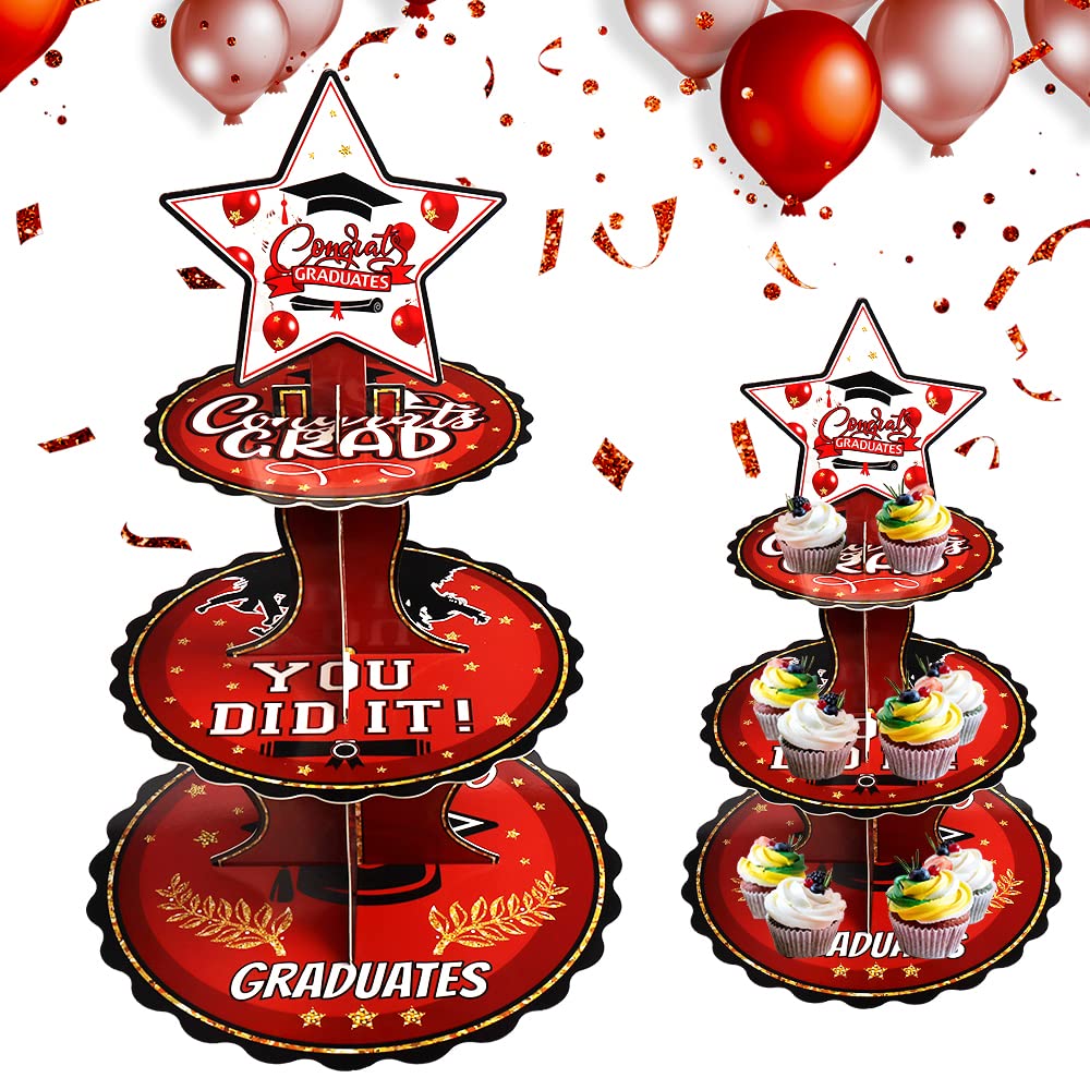 Hying Graduation Cupcake Stands 2024 for Dessert Table Party, 3 Tire Round Cardboard Dessert Stand 2024 Red for Graduation Party Favors Supplies 2024 Cupcake Tower Display Congrats Grad 2024