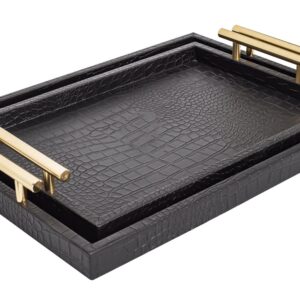 MACVAD Set of 2 Modern Elegant Large Wood Serving Tray, Silver Crocodile Leather with Gold Polished Metal Handles, Rectangle Decorative Tray for Ottoman Coffee Table Living Room