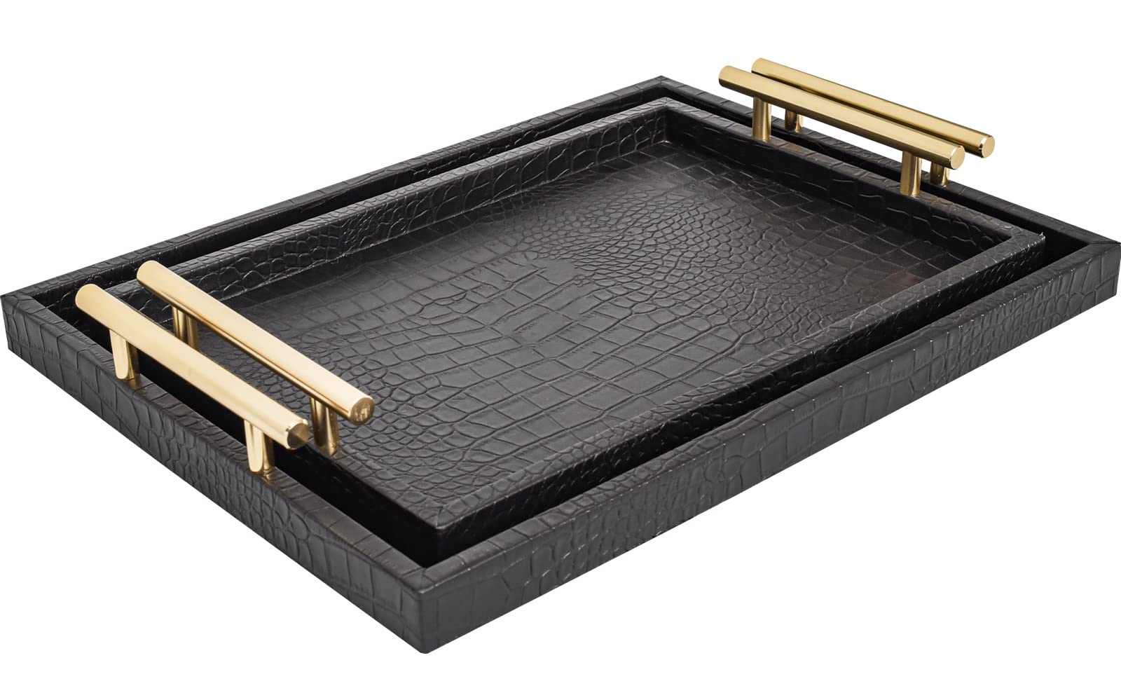 MACVAD Set of 2 Modern Elegant Large Wood Serving Tray, Silver Crocodile Leather with Gold Polished Metal Handles, Rectangle Decorative Tray for Ottoman Coffee Table Living Room