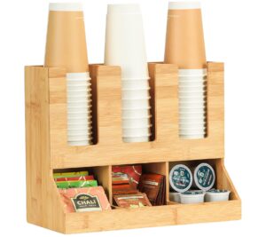tqvai bamboo coffee station organizer, 6 compartments condiment rack breakroom accessories caddy for k pods, snack, tea bags, disposable cups, original