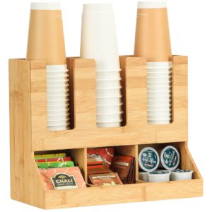 TQVAI Bamboo Coffee Station Organizer, 6 Compartments Condiment Rack Breakroom Accessories Caddy for K Pods, Snack, Tea Bags, Disposable Cups, Original