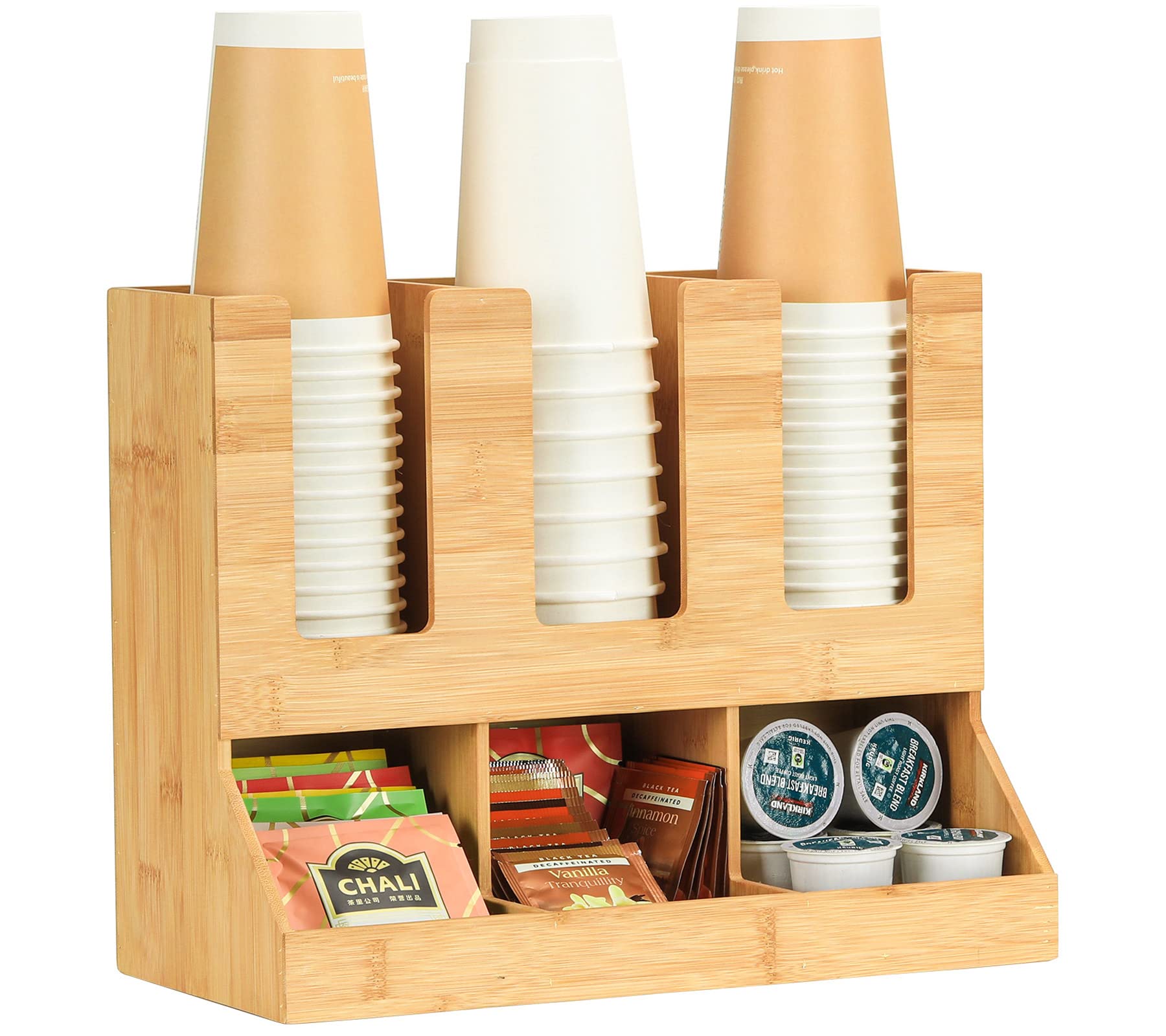 TQVAI Bamboo Coffee Station Organizer, 6 Compartments Condiment Rack Breakroom Accessories Caddy for K Pods, Snack, Tea Bags, Disposable Cups, Original