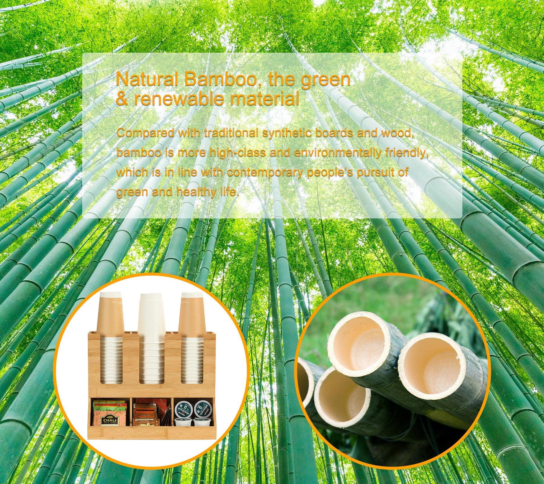 TQVAI Bamboo Coffee Station Organizer, 6 Compartments Condiment Rack Breakroom Accessories Caddy for K Pods, Snack, Tea Bags, Disposable Cups, Original