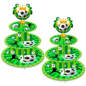2 pcs soccer cupcake stands - soccer party decoration 3 tier desert cup cake holder stand display for soccer world cup kids birthday soccer party sport party supplies