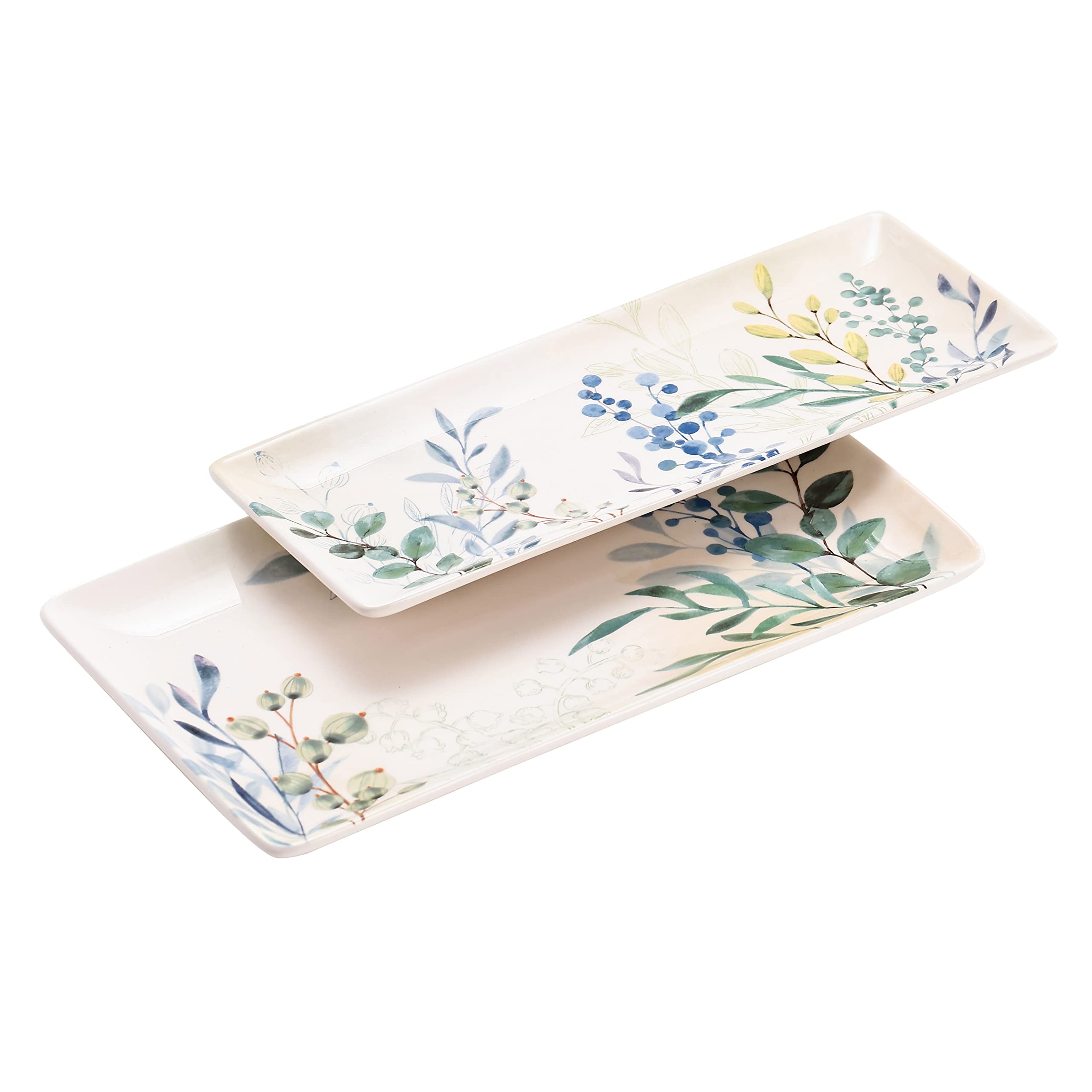 Bico Botanical Valley Ceramic 14 inch Rectangular Serving Platter, Set of 2, for Serving Salad, Pasta, Cheese, Ham, Appetizer, Microwave & Dishwasher Safe