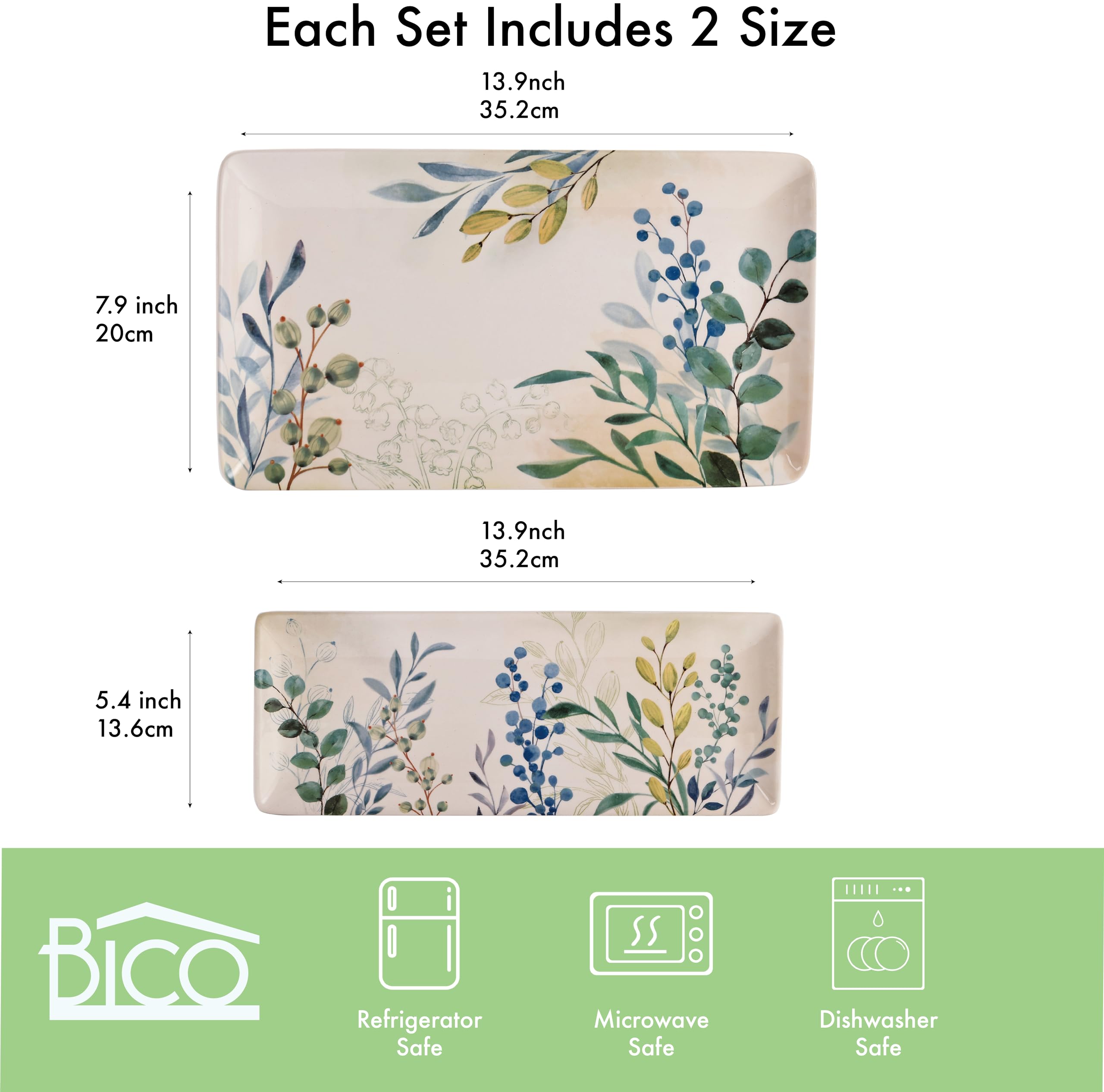 Bico Botanical Valley Ceramic 14 inch Rectangular Serving Platter, Set of 2, for Serving Salad, Pasta, Cheese, Ham, Appetizer, Microwave & Dishwasher Safe