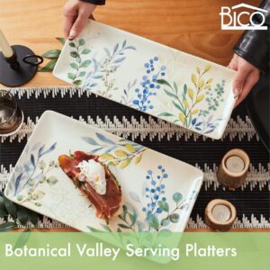 Bico Botanical Valley Ceramic 14 inch Rectangular Serving Platter, Set of 2, for Serving Salad, Pasta, Cheese, Ham, Appetizer, Microwave & Dishwasher Safe