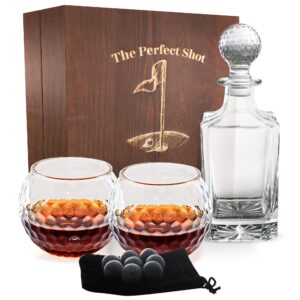 golf ball whiskey glass and decanter set by the perfect shot whiskey co. | perfect golf gift decanter gift set | decanter, 2 golf ball whiskey glass, 8 whiskey stones and gift box