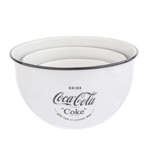 tablecraft's coca-cola enamel mixing bowls, s: 7'' dia, m: 8.5'' dia, l: 1.25'' dia, white
