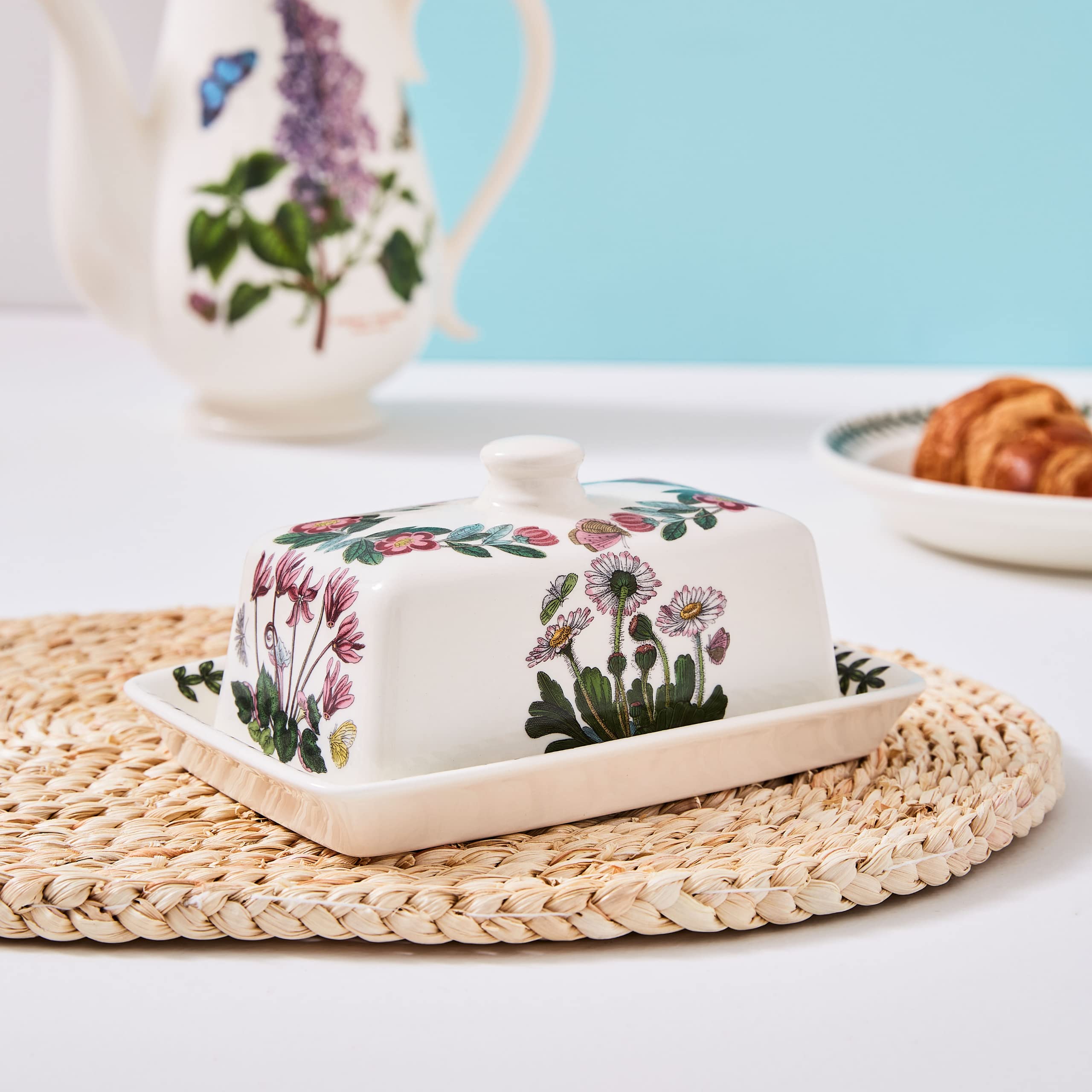 Portmeirion Botanic Garden Covered Butter Dish | 6 Inch Butter Dish with Assorted Floral Motifs | Made in England from Fine Earthenware | Dishwasher Safe