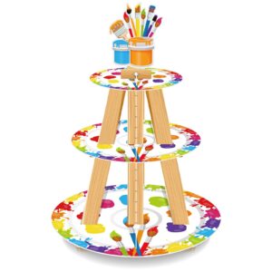 mumufy 3 tier art paint party cupcake stand decorations artist multicolor party cupcake holder paint party cupcake dessert holder for art painter party paintbrush birthday party baby shower supplies