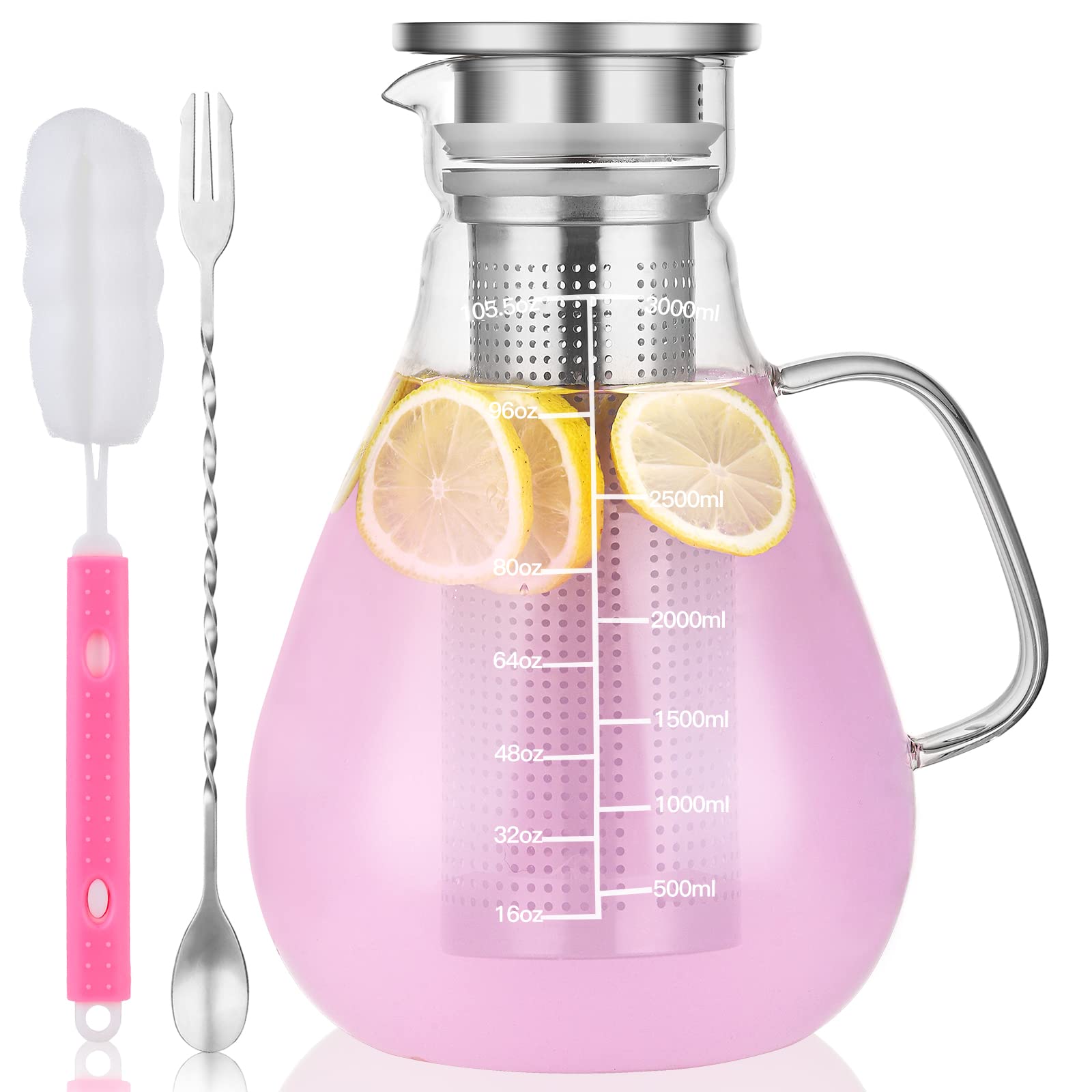 Glass Pitcher - 105.6oz Fruit Infuser Water Pitcher with Removable Lid and Precise Scale Line , 18/8 Stainless Steel Iced Tea Pitcher, Easy Clean Heat Resistant Infusion Pitcher for Cold Hot Beverages