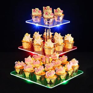 tangshuo 3 tiers square acrylic cupcake stands with rechargeable led light, clear cupcake tower - dessert tower - cupcake tier stands for weddings, anniversaries, baby showers, birthday parties