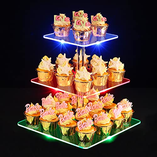 TANGSHUO 3 Tiers Square Acrylic Cupcake Stands with Rechargeable LED Light, Clear Cupcake Tower - Dessert Tower - Cupcake Tier Stands for Weddings, Anniversaries, Baby Showers, Birthday Parties