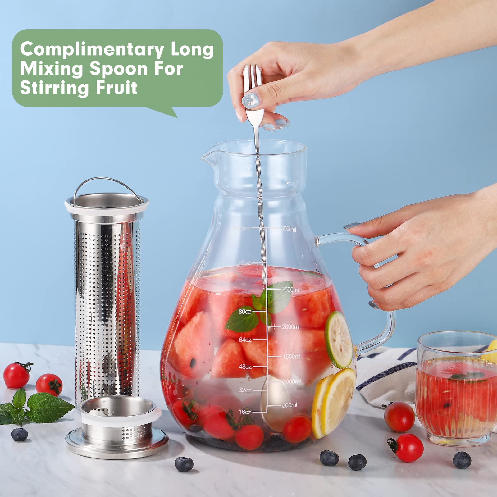 Glass Pitcher - 105.6oz Fruit Infuser Water Pitcher with Removable Lid and Precise Scale Line , 18/8 Stainless Steel Iced Tea Pitcher, Easy Clean Heat Resistant Infusion Pitcher for Cold Hot Beverages