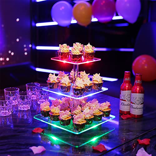 TANGSHUO 3 Tiers Square Acrylic Cupcake Stands with Rechargeable LED Light, Clear Cupcake Tower - Dessert Tower - Cupcake Tier Stands for Weddings, Anniversaries, Baby Showers, Birthday Parties