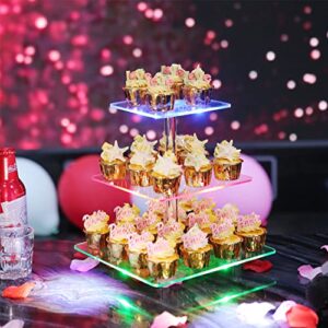 TANGSHUO 3 Tiers Square Acrylic Cupcake Stands with Rechargeable LED Light, Clear Cupcake Tower - Dessert Tower - Cupcake Tier Stands for Weddings, Anniversaries, Baby Showers, Birthday Parties