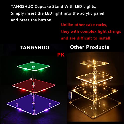 TANGSHUO 3 Tiers Square Acrylic Cupcake Stands with Rechargeable LED Light, Clear Cupcake Tower - Dessert Tower - Cupcake Tier Stands for Weddings, Anniversaries, Baby Showers, Birthday Parties