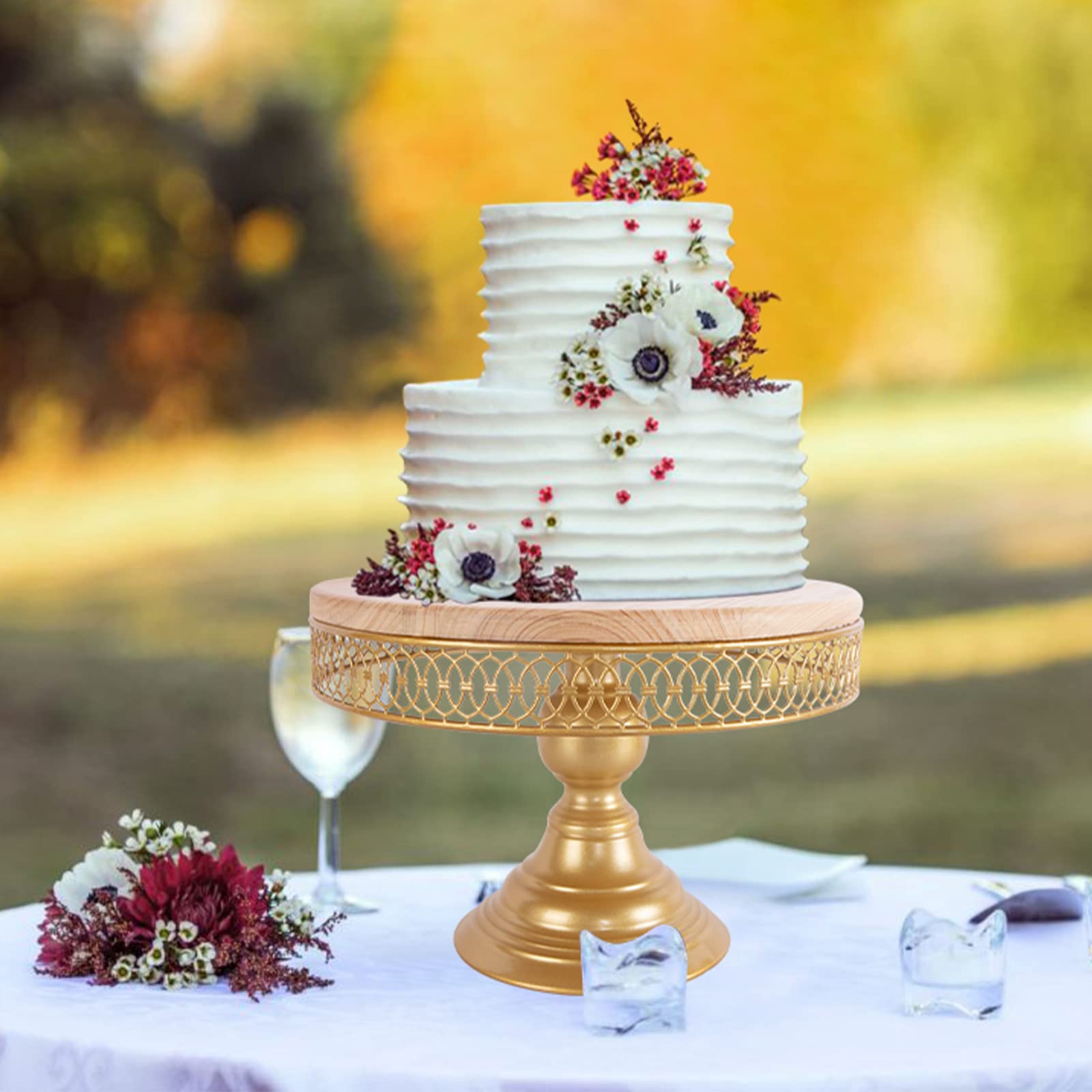 weharnar 12 in Cake Stand Round, Wooden Dessert Stands and Pedestal Cake Stand with Gold Base, Gold Cake Stand for Wedding Birthday Party