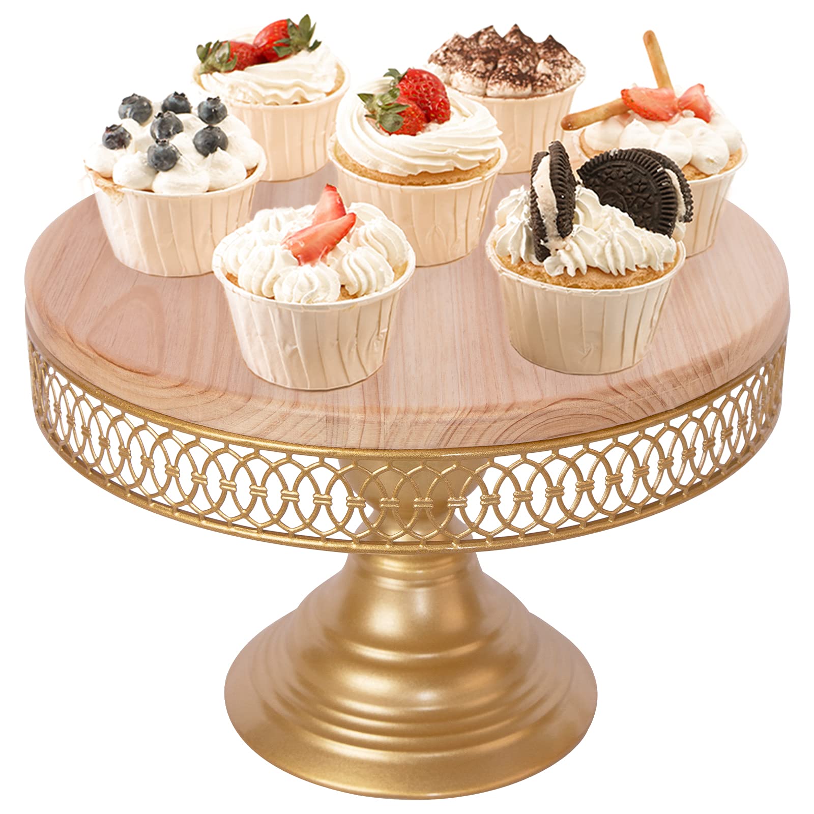 weharnar 12 in Cake Stand Round, Wooden Dessert Stands and Pedestal Cake Stand with Gold Base, Gold Cake Stand for Wedding Birthday Party