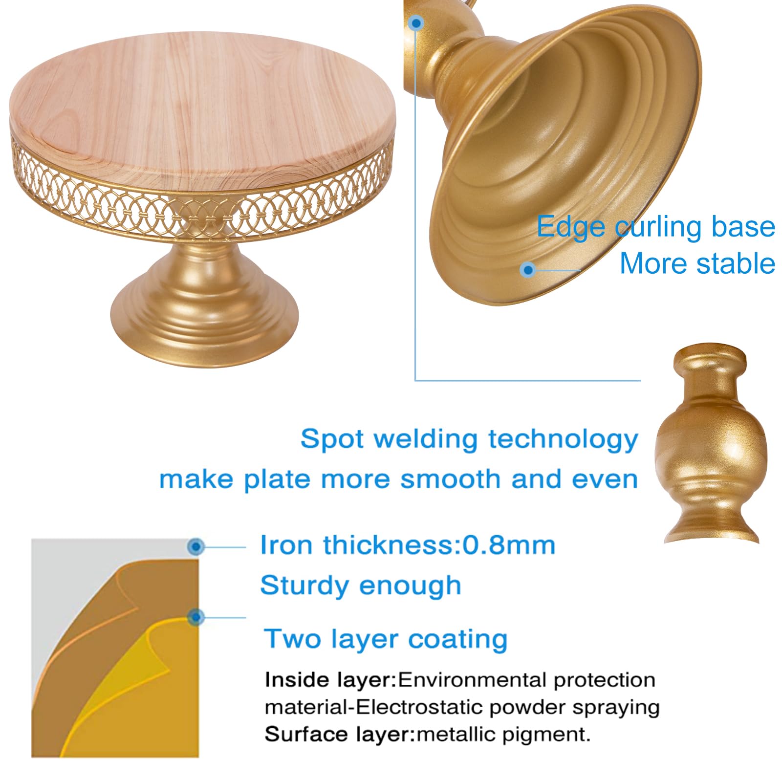 weharnar 12 in Cake Stand Round, Wooden Dessert Stands and Pedestal Cake Stand with Gold Base, Gold Cake Stand for Wedding Birthday Party