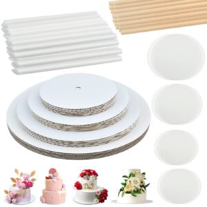 worldity 230pcs cake boards tiering kit, 12 inch,10 inch, 8 inch, 6 inch cake cardboard rounds, parchment paper rounds, wooden dowels and straw dowels, cake plates for wedding birthday party