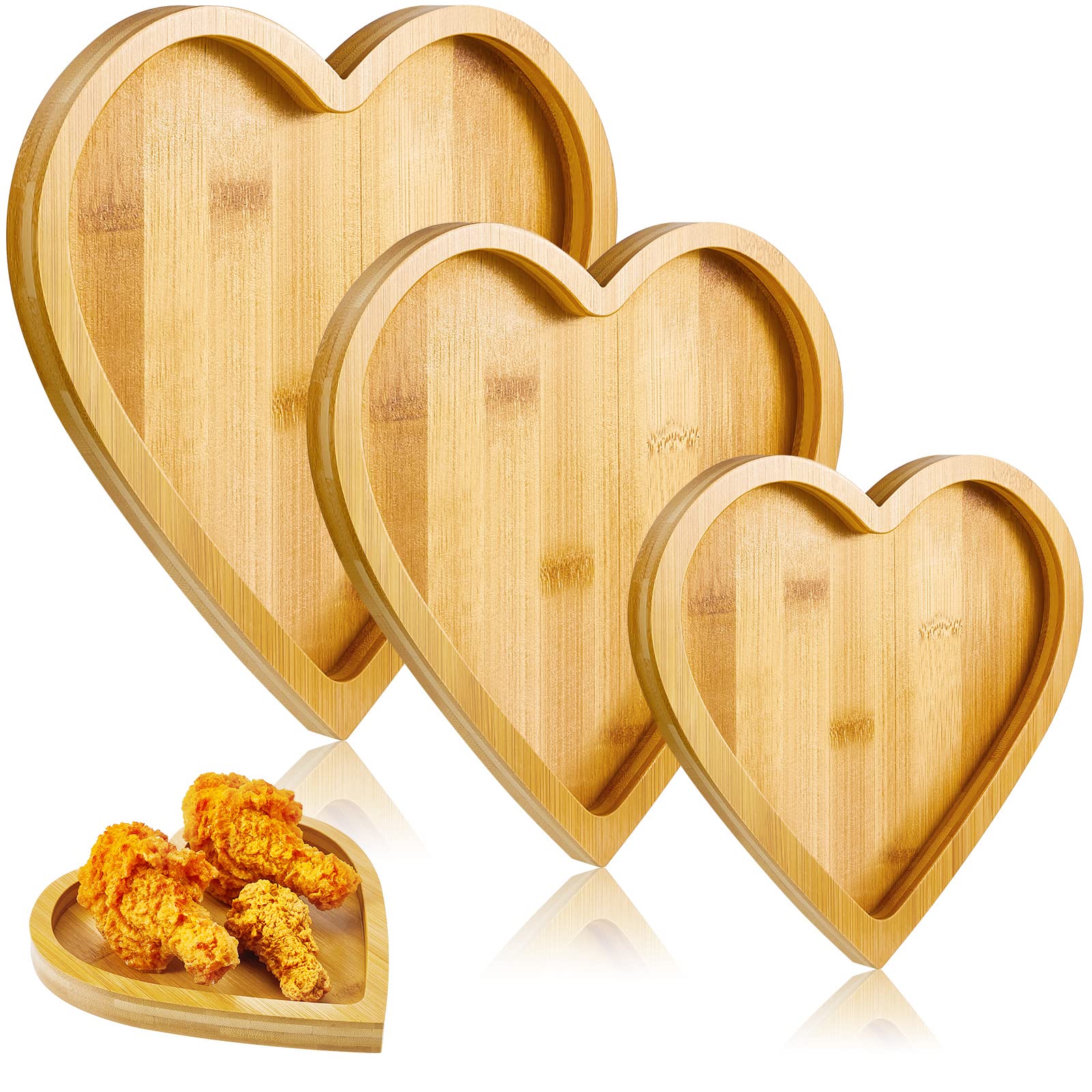 Patelai 3 Pieces Wooden Serving Tray Plate Dish for Snacks, Cookies, Fruits Cheese Display Food Dish Home Office (Heart)