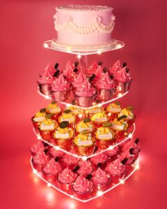 4 tier heart cupcake stand, 2023 new acrylic cupcake holder with led light, premium cupcake tower dessert tree tower for wedding anniversary birthday party decorations