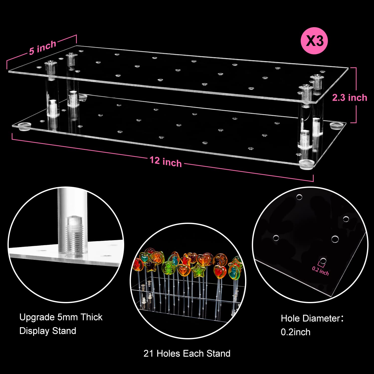 3Packs Cake Pop Stand, 21 Hole Clear Acrylic Cake Pop Holder for Weddings Baby Showers Birthday Parties Anniversaries Candy Halloween Decoration