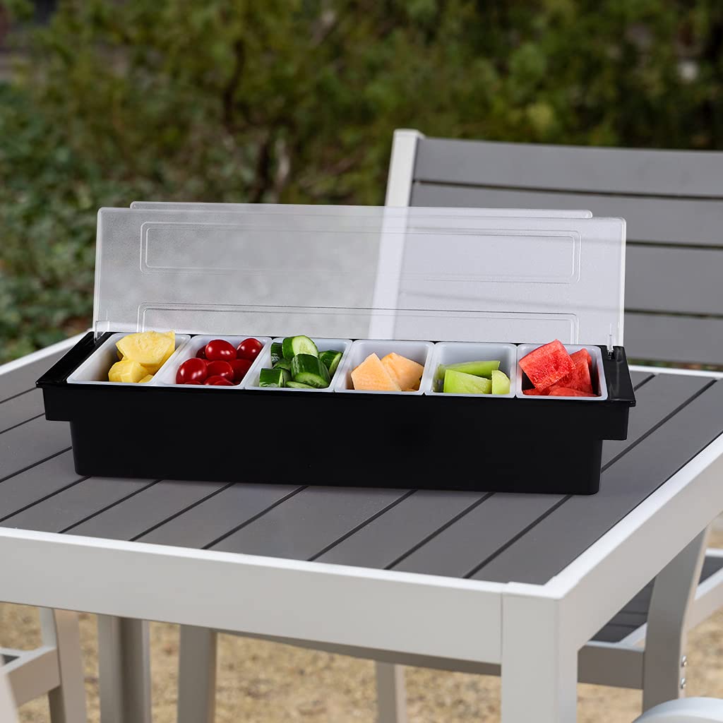 MOLIGOU Ice Cooled Condiment Container, 6 Compartments Garnish Tray with Lid, Fruit Veggie Condiment Caddy for Party, Bar