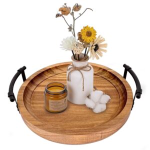 aucannio rustic acacia wood 13" round serving coffee table tray with black metal handles, candle holder perfume trinket display for vintage home decor, farmhouse kitchen counter centerpieces
