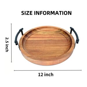 AUCANNIO Rustic Acacia Wood 13" Round Serving Coffee Table Tray with Black Metal Handles, Candle Holder Perfume Trinket Display for Vintage Home Decor, Farmhouse Kitchen Counter Centerpieces