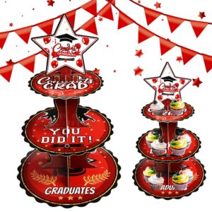 alibbon graduation cupcake stand, 3 tier round cardboard cake stand tower, class of 2023 red dessert stand holder, graduation cupcake serving tray, congrats grad graduation party supplies decoration